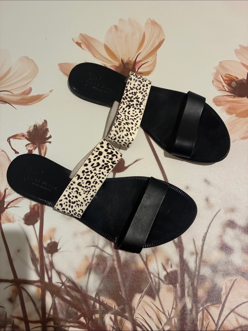Joie Black Slides with Leopard-Print Strap